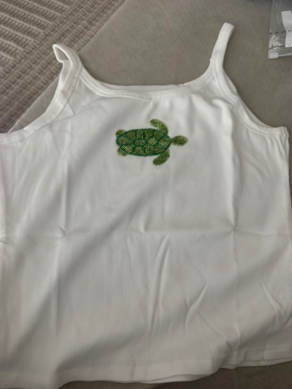 Beaded turtle white tank top